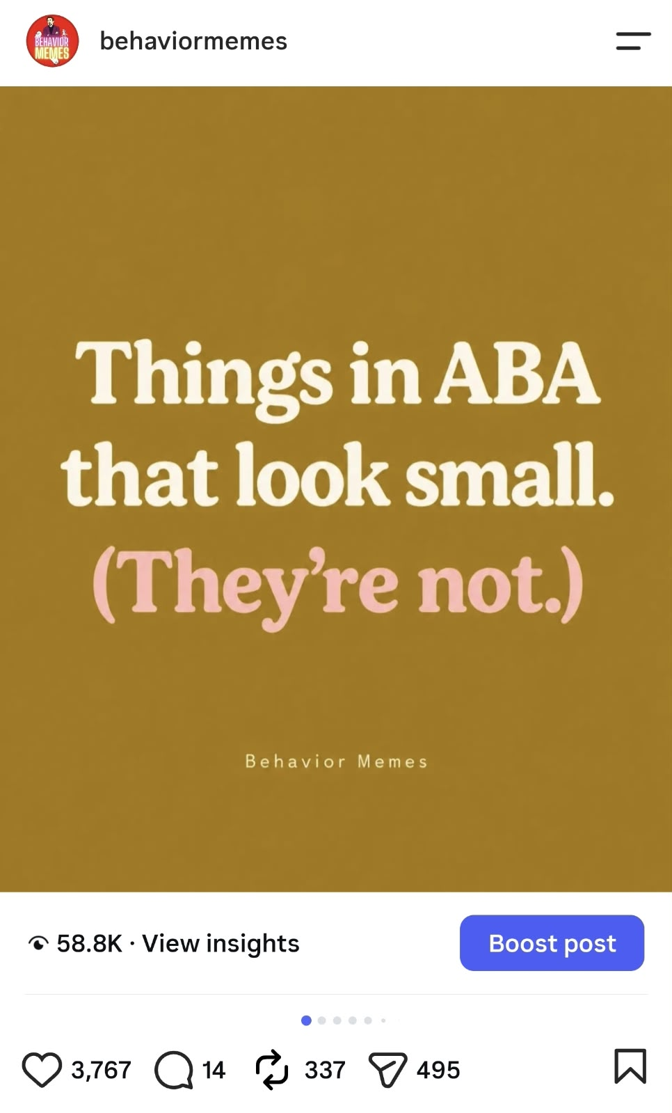 Behavior Memes post: Things in ABA that look small. Original screenshot with 3,767 likes, 337 reposts, 495 shares, and a save icon.