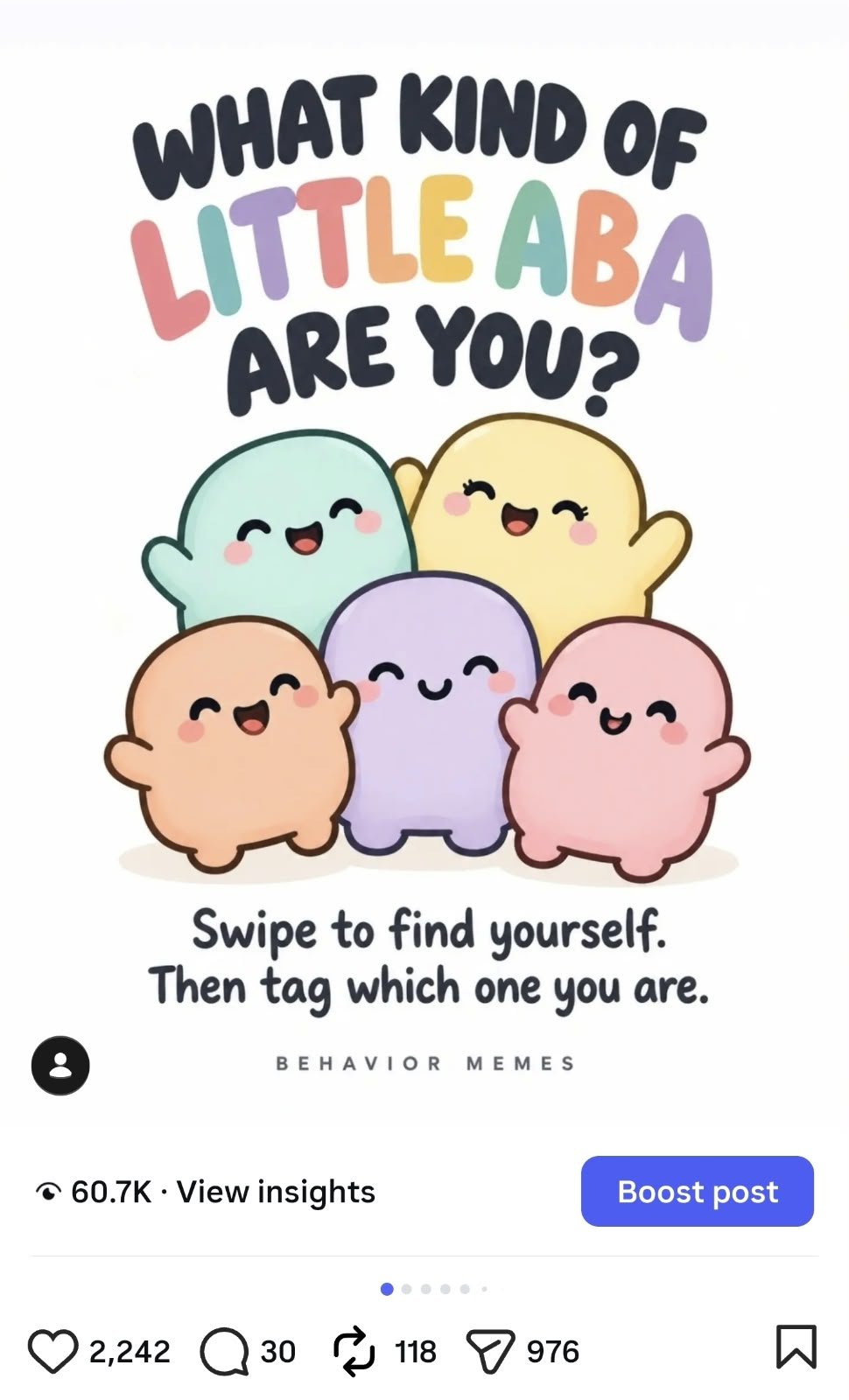 Behavior Memes post: What kind of Little ABA are you? Original screenshot with 2,242 likes, 118 reposts, 976 shares, and a save icon.